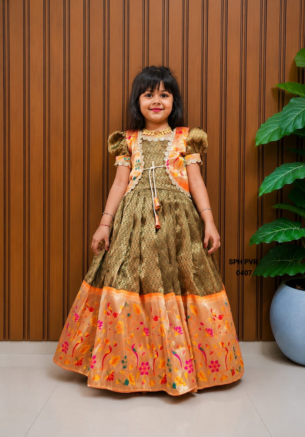 Girls Royal Purple Brocade Ethnic Gown Dress